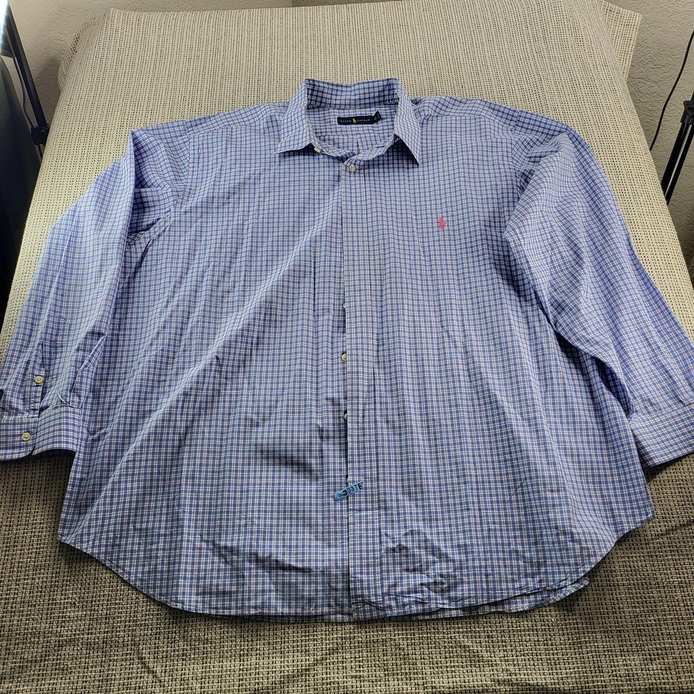 Ralph Lauren Shirt Mens 3XB Blue Check Long Sleeve Button Front Pony Logo